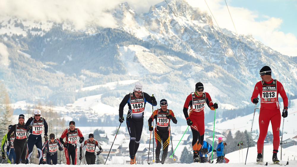 25.01.2014, Bad Hindelang, Germany (GER): a group of men in the first uphill with mountains in the background - Skitrail Tannheimertal, Bad Hindelang (GER). www.nordicfocus.com. © Felgenhauer/NordicFocus. Every downloaded picture is fee-liable.