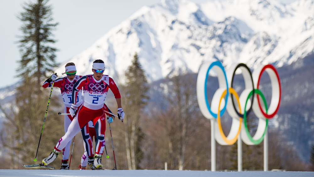 22.02.2014, Sochi, Russia (RUS): Marit Bjoergen (NOR), Fischer, Swix, Rottefella followed by Kristin Steira (NOR), Madshus, One Way, Salomon, Swix - XXII. Olympic Winter Games Sochi 2014, cross-country, 30km women, Sochi (RUS). www.nordicfocus.com. © NordicFocus. Every downloaded picture is fee-liable.