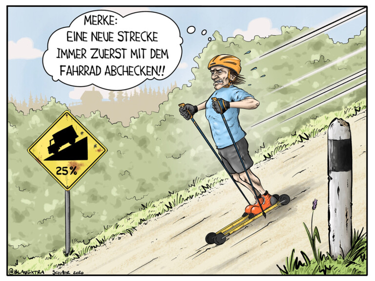 Cartoon: Vorsicht vor Gefällstrecken - xc-ski.de Langlauf