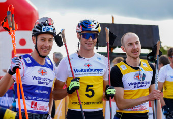 Die drei Erstplatzierten: (l-r) Mario Seidl (AUT), Vinzenz Geiger (GER), Ilkka Herola (FIN).