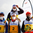 Das Podium der Herren: (l-r) Mario Seidl (AUT), Terence Weber (GER), Vinzenz Geiger (GER), Martin Fritz (AUT), Johannes Rydzek (GER), Ilkka Herola (FIN).