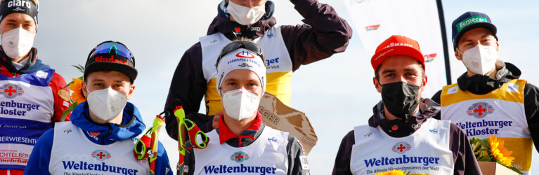 Das Podium der Herren: (l-r) Mario Seidl (AUT), Terence Weber (GER), Vinzenz Geiger (GER), Martin Fritz (AUT), Johannes Rydzek (GER), Ilkka Herola (FIN).