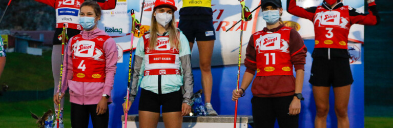 Das Podium bei den Damen: (l-r) Annalena Slamik (AUT), Sigrun Kleinrath (AUT), Marie Nähring (GER), Gyda Westvold Hansen (NOR), Ema Volavsek (SLO) Lisa Hirner (AUT).
