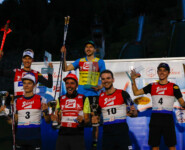 Die Top 6 bei den Männern: (l-r) Mario Seidl (AUT), Kristjan Ilves (EST), Johannes Rydzek (GER), Ilkka Herola (FIN), Joergen Graabak (NOR), Stefan Rettenegger (AUT).