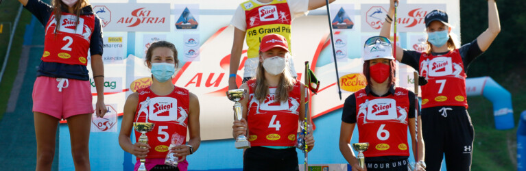 Das Podium der Tageswertung bei den Damen: (l-r) Annika Sieff (ITA), Sigrun Kleinrath (AUT), Gyda Westvold Hansen (NOR), Jenny Nowak (GER), Lisa Hirner (AUT), Ema Volavsek (SLO).