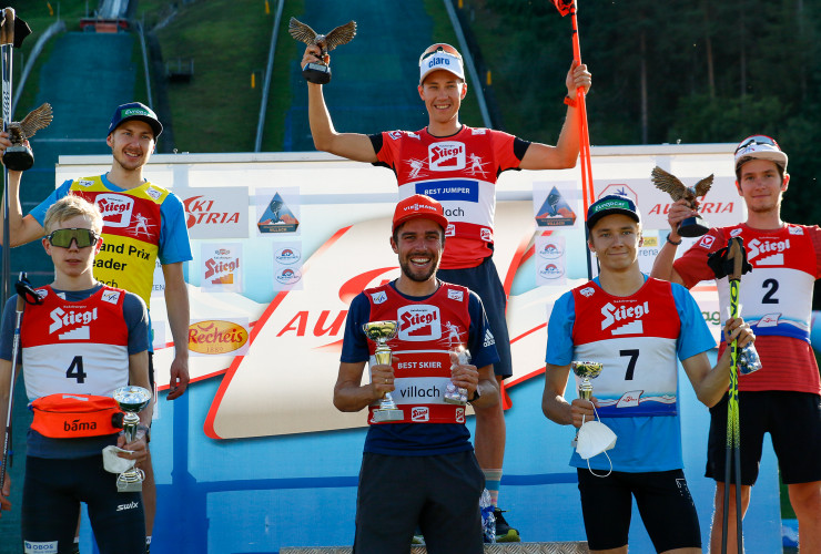 Das Podium der Tageswertung der Herren: Jens Oftebro (NOR), Ilkka Herola (FIN), Johannes Rydzek (GER), Mario Seidl (AUT), Eero Hirvonen (FIN), Martin Fritz (AUT).