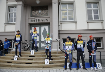 Das Podium der Herren im Einzel: Terence Weber (GER), Johannes Rydzek (GER), Fabian Rießle (GER), Manuel Faißt (GER), Julian Schmid (GER), Eric Frenzel (GER) (l-r).