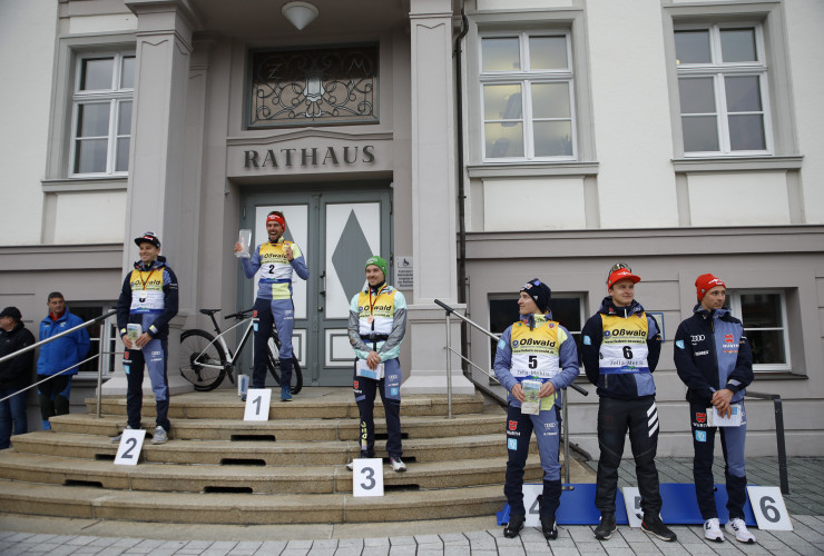 Das Podium der Herren im Einzel: Terence Weber (GER), Johannes Rydzek (GER), Fabian Rießle (GER), Manuel Faißt (GER), Julian Schmid (GER), Eric Frenzel (GER) (l-r).