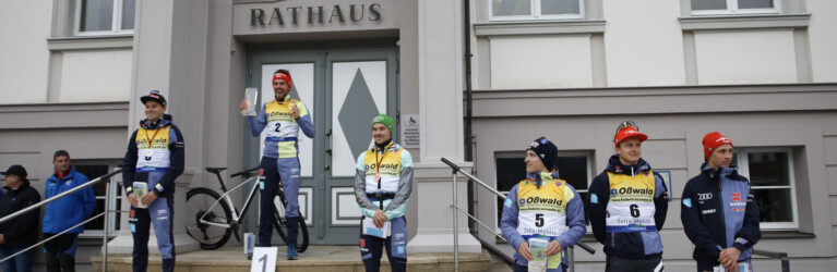 Das Podium der Herren im Einzel: Terence Weber (GER), Johannes Rydzek (GER), Fabian Rießle (GER), Manuel Faißt (GER), Julian Schmid (GER), Eric Frenzel (GER) (l-r).