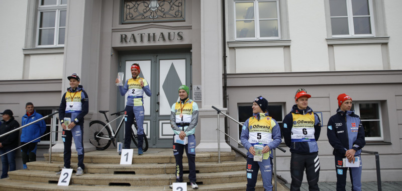 Das Podium der Herren im Einzel: Terence Weber (GER), Johannes Rydzek (GER), Fabian Rießle (GER), Manuel Faißt (GER), Julian Schmid (GER), Eric Frenzel (GER) (l-r).