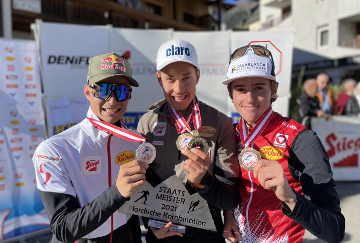 Österreichische Staatsmeisterschaft Nordische Kombination 2021, Innsbruck/ Fulpmes, Podium: Johannes Lamparter, Mario Seidl, Stefan Rettenegger (l-r)