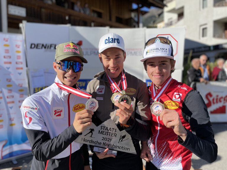 Österreichische Staatsmeisterschaft Nordische Kombination 2021, Innsbruck/ Fulpmes, Podium: Johannes Lamparter, Mario Seidl, Stefan Rettenegger (l-r)