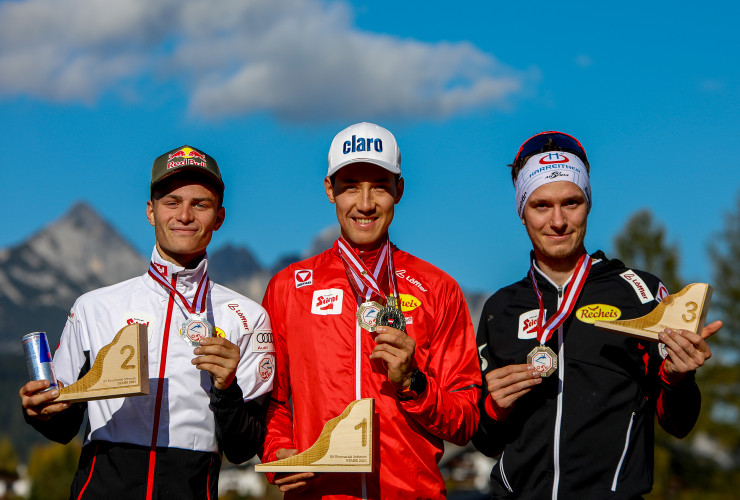 Die Sieger von der Normalschanze: Johannes Lamparter, Mario Seidl, Martin Fritz (l-r).