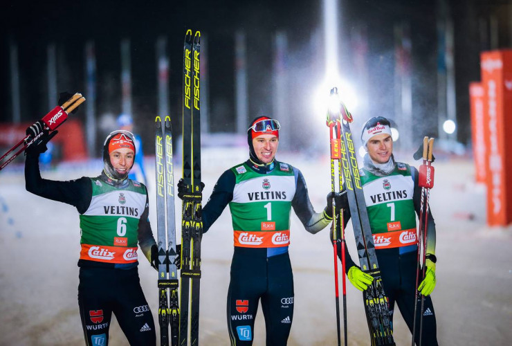 Deutscher Dreifachsieg: Eric Frenzel (GER), Terence Weber (GER), Vinzenz Geiger (GER), (l-r).