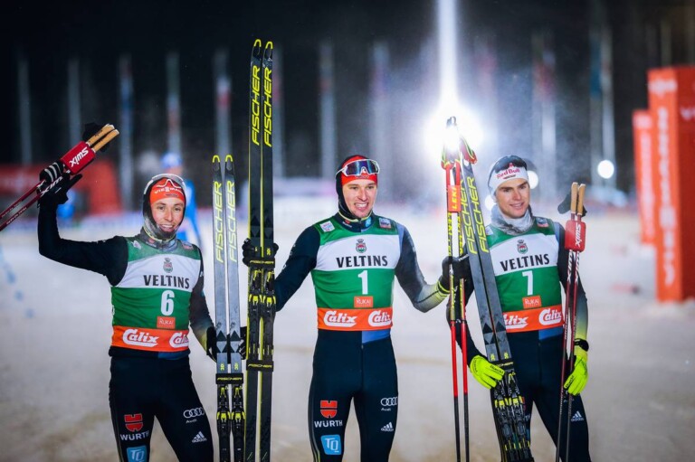 Deutscher Dreifachsieg: Eric Frenzel (GER), Terence Weber (GER), Vinzenz Geiger (GER), (l-r).