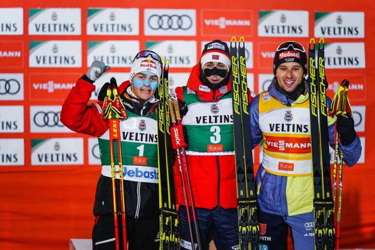 Die Sieger der Ruka Tour: Johannes Lamparter (AUT), Jarl Magnus Riiber (NOR), Jens Luraas Oftebro (NOR), (l-r).