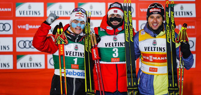 Die Sieger der Ruka Tour: Johannes Lamparter (AUT), Jarl Magnus Riiber (NOR), Jens Luraas Oftebro (NOR), (l-r).