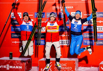 Das Podium beim Weltcupauftakt: Mari Leinan Lund (NOR), Gyda Westvold Hansen (NOR), Annika Sieff (ITA), (l-r).