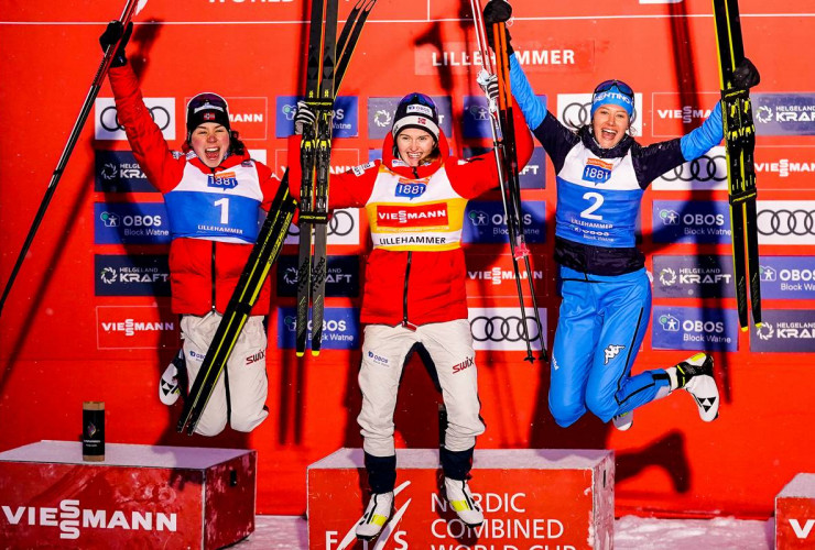 Das Podium beim Weltcupauftakt: Mari Leinan Lund (NOR), Gyda Westvold Hansen (NOR), Annika Sieff (ITA), (l-r).