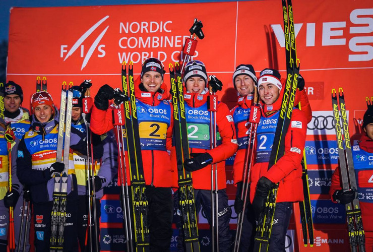 Strahlende Sieger beim Heimweltcup: Joergen Graabak (NOR), Jens Luraas Oftebro (NOR), Espen Bjoernstad (NOR), Jarl Magnus Riiber (NOR), (l-r).