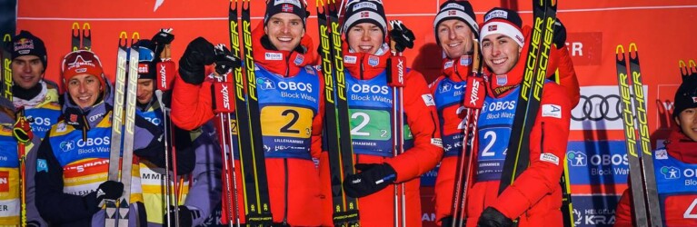 Strahlende Sieger beim Heimweltcup: Joergen Graabak (NOR), Jens Luraas Oftebro (NOR), Espen Bjoernstad (NOR), Jarl Magnus Riiber (NOR), (l-r).