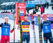 Die Top 3: Johannes Lamparter (AUT), Jarl Magnus Riiber (NOR), Eric Frenzel (GER), (l-r).