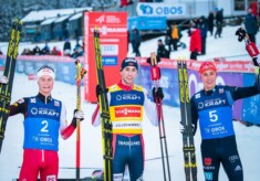 Die Top 3: Johannes Lamparter (AUT), Jarl Magnus Riiber (NOR), Eric Frenzel (GER), (l-r).