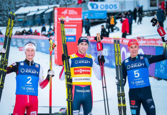 Die Top 3: Johannes Lamparter (AUT), Jarl Magnus Riiber (NOR), Eric Frenzel (GER), (l-r).