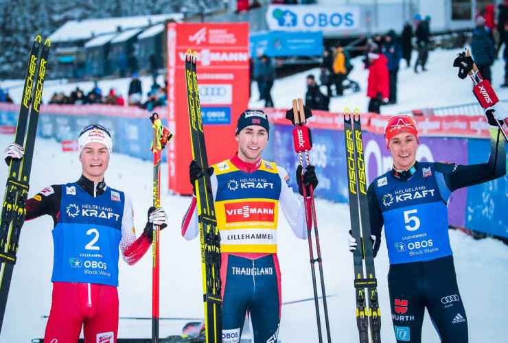 Die Top 3: Johannes Lamparter (AUT), Jarl Magnus Riiber (NOR), Eric Frenzel (GER), (l-r).