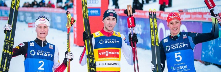 Die Top 3: Johannes Lamparter (AUT), Jarl Magnus Riiber (NOR), Eric Frenzel (GER), (l-r).