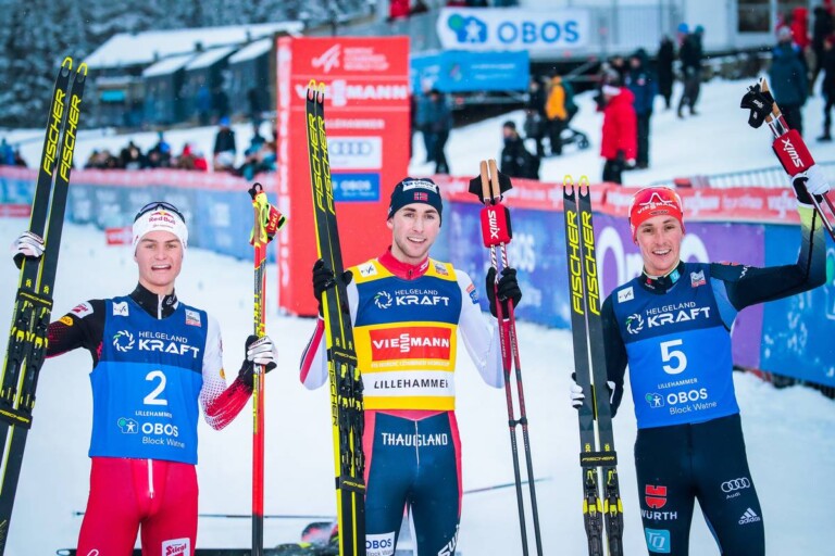 Die Top 3: Johannes Lamparter (AUT), Jarl Magnus Riiber (NOR), Eric Frenzel (GER), (l-r).