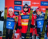 Das Podium: Johannes Lamparter (AUT), Jarl Magnus Riiber (NOR), Eric Frenzel (GER), (l-r).