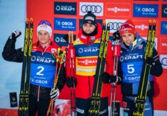 Das Podium: Johannes Lamparter (AUT), Jarl Magnus Riiber (NOR), Eric Frenzel (GER), (l-r).