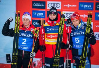 Das Podium: Johannes Lamparter (AUT), Jarl Magnus Riiber (NOR), Eric Frenzel (GER), (l-r).