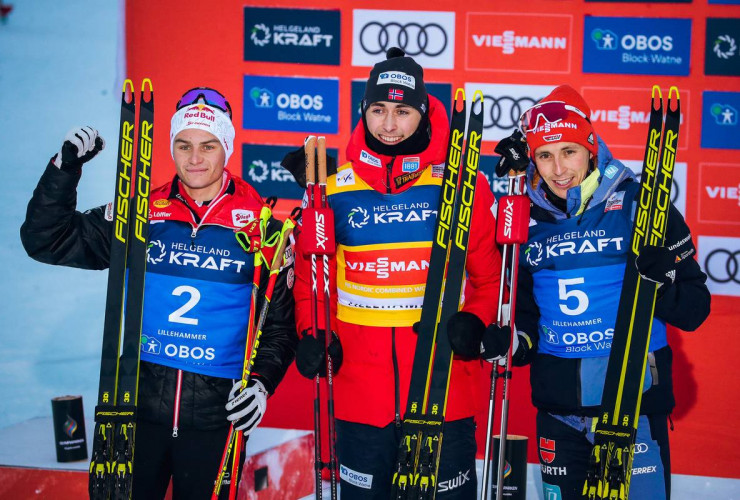 Das Podium: Johannes Lamparter (AUT), Jarl Magnus Riiber (NOR), Eric Frenzel (GER), (l-r).