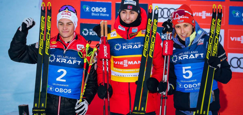 Das Podium: Johannes Lamparter (AUT), Jarl Magnus Riiber (NOR), Eric Frenzel (GER), (l-r).