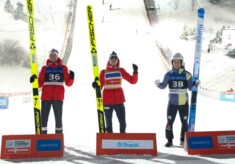 Das Podium der Herren: Espen Bjoernstad (NOR), Jarl Magnus Riiber (NOR), Manuel Faisst (GER), (l-r).