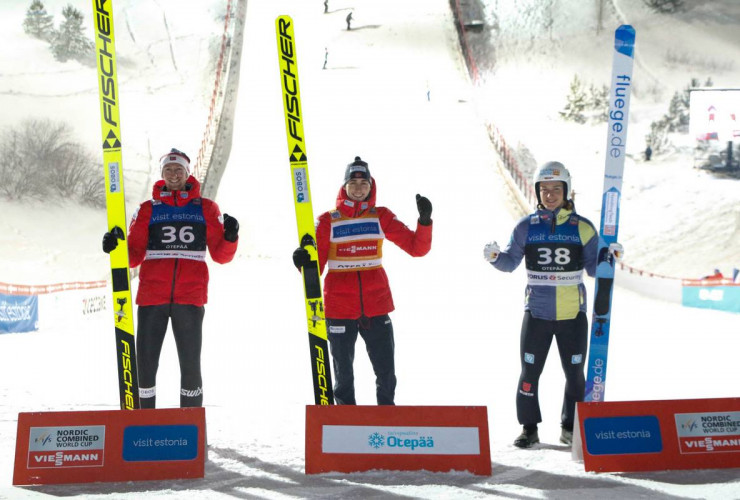 Das Podium der Herren: Espen Bjoernstad (NOR), Jarl Magnus Riiber (NOR), Manuel Faisst (GER), (l-r).