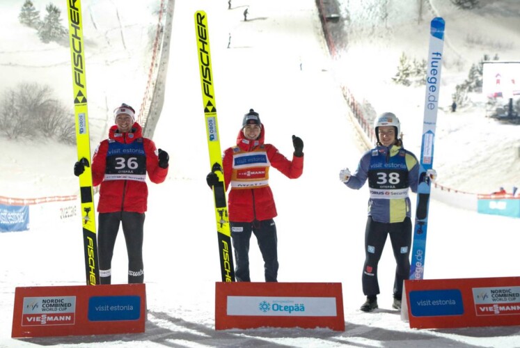 Das Podium der Herren: Espen Bjoernstad (NOR), Jarl Magnus Riiber (NOR), Manuel Faisst (GER), (l-r).