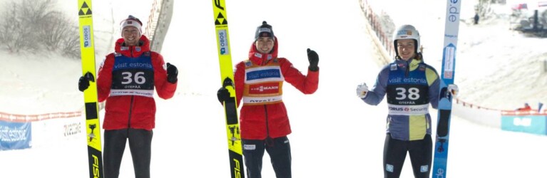 Das Podium der Herren: Espen Bjoernstad (NOR), Jarl Magnus Riiber (NOR), Manuel Faisst (GER), (l-r).