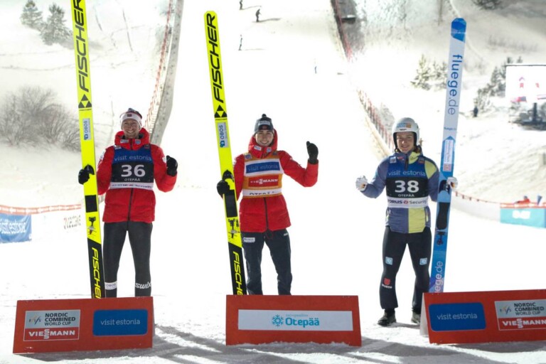Das Podium der Herren: Espen Bjoernstad (NOR), Jarl Magnus Riiber (NOR), Manuel Faisst (GER), (l-r).