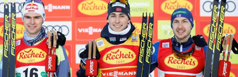 Das Podium: Vinzenz Geiger (GER), Jarl Magnus Riiber (NOR), Ilkka Herola (FIN), (l-r).