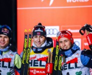 Das Podium: Vinzenz Geiger (GER), Jarl Magnus Riiber (NOR), Eric Frenzel (GER), (l-r).