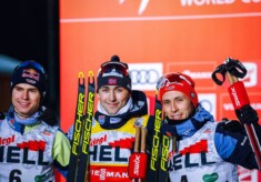 Das Podium: Vinzenz Geiger (GER), Jarl Magnus Riiber (NOR), Eric Frenzel (GER), (l-r).