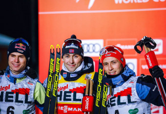 Das Podium: Vinzenz Geiger (GER), Jarl Magnus Riiber (NOR), Eric Frenzel (GER), (l-r).