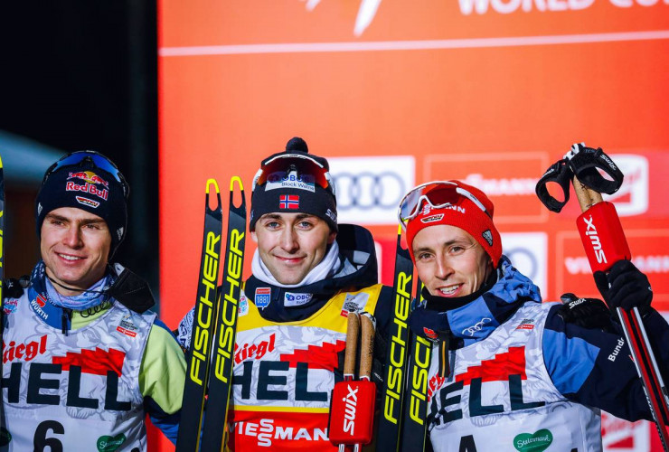 Das Podium: Vinzenz Geiger (GER), Jarl Magnus Riiber (NOR), Eric Frenzel (GER), (l-r).