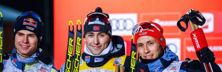 Das Podium: Vinzenz Geiger (GER), Jarl Magnus Riiber (NOR), Eric Frenzel (GER), (l-r).