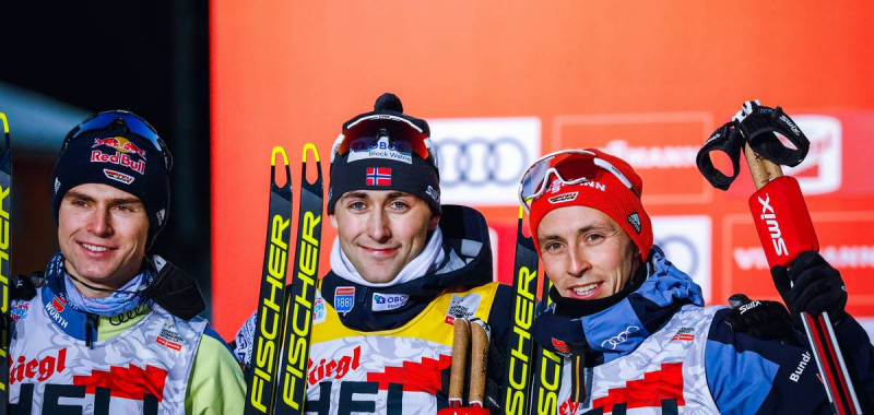 Das Podium: Vinzenz Geiger (GER), Jarl Magnus Riiber (NOR), Eric Frenzel (GER), (l-r).