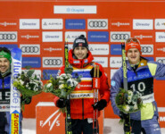 Das Podium der Herren: Fabian Riessle (GER), Jarl Magnus Riiber (NOR), Julian Schmid (GER), (l-r).