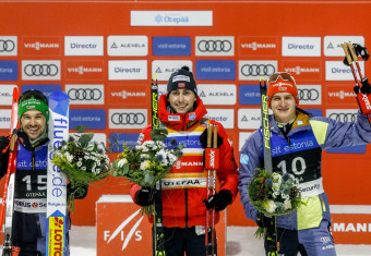 Das Podium der Herren: Fabian Riessle (GER), Jarl Magnus Riiber (NOR), Julian Schmid (GER), (l-r).